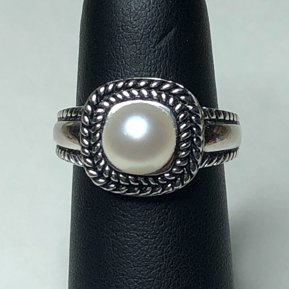 Sterling Rope Design Ring w Genuine Pearl